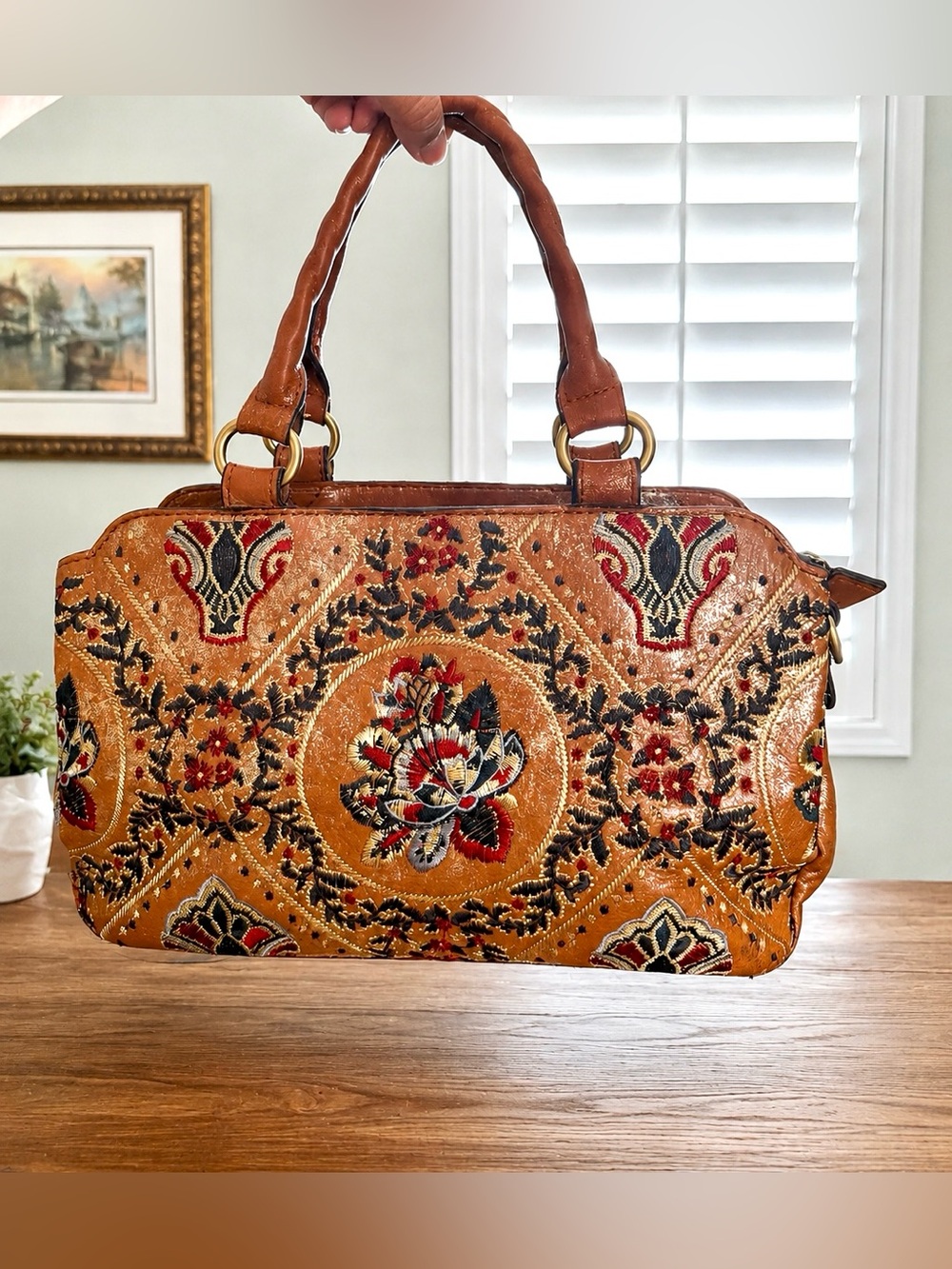 PATRICIA NASH Angelin Italian Leather Embroidered Gold Foil  Satchel Bag EUC